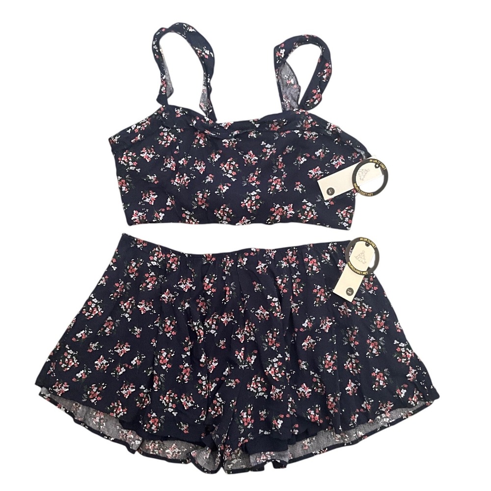 Rose Velvet Floral 2 Piece Shorts Set Tie Back Crop Top Rayon Pockets 2X NWT